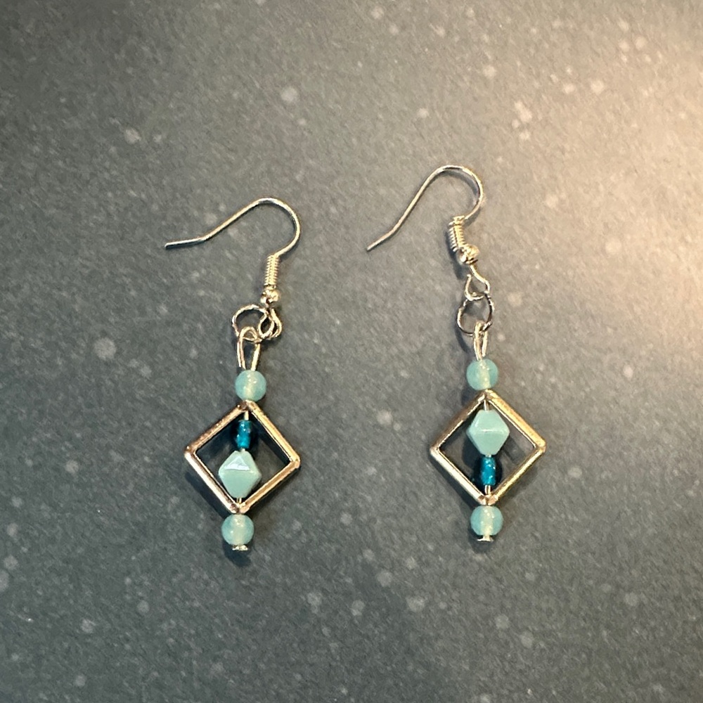 Geometric Asymmetrical Silver and Blue Dangle Earrings
